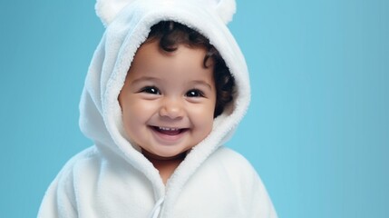 Cute kid in a bathrobe on a clear blue background.