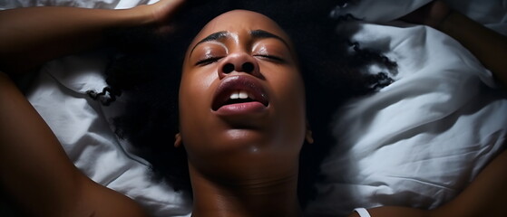 Top view of a beautiful sensual black woman getting sexual pleasure, erotica and orgasm. Sensual african woman with open mouth and closed eyes enjoying lying in bed for sex. Generative ai - obrazy, fototapety, plakaty