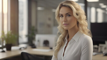 Portrait of beautiful woman sitting at conference table, with long golden hair, white blouse, successful boss