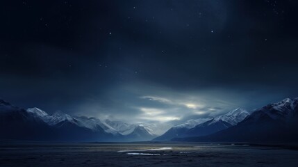  a view of a mountain range at night with the moon in the sky and the stars in the night sky.