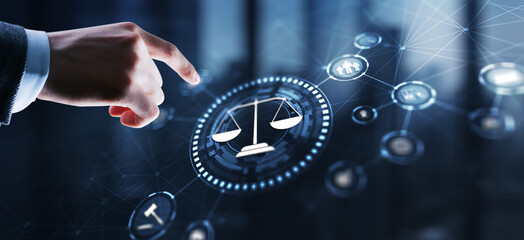 Justice and law concept. Icon Law on virtual screen. Blurred background