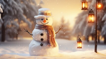  a snowman standing in the snow next to a lamp post with a snowman's hat on it.