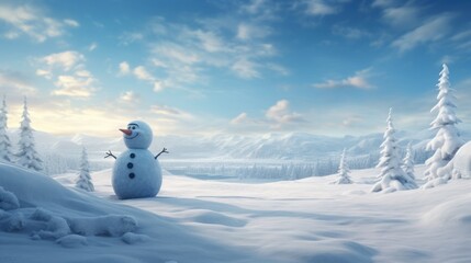  a snowman is standing in the middle of a snowy landscape with a mountain in the back ground and trees in the foreground.