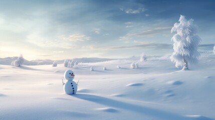  a snowman standing in the middle of a snow covered field with a snow covered tree in the foreground.