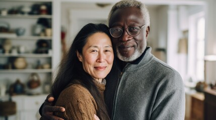 Fototapeta premium Elderly pair shares happiness at home.