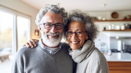 Smiling seniors embrace each other warmly.