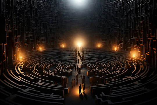 A Group Of People Standing In The Middle Of A Maze