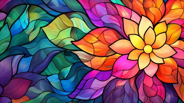 Stained glass window background with colorful Flower  abstract.
