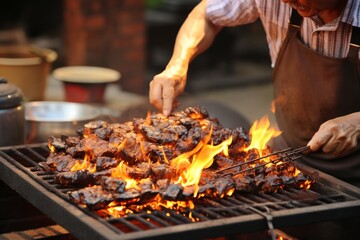 Authentic Barbecue. Skillful Man Grilling Delicious Meat on an Outdoor Charcoal Grill