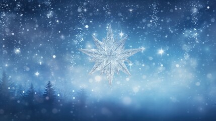  a snowflake in the middle of a blue sky with trees in the foreground and snow flakes in the background.