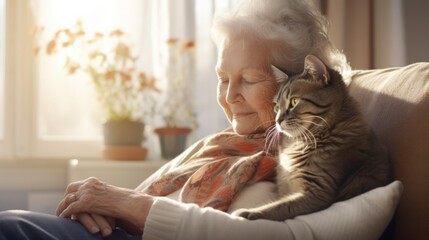portrait of senior woman holding cat,indoor shoot female hugging her pet - Powered by Adobe
