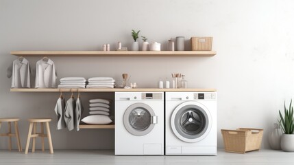 Washing machines in a clean organized neat utility laundry room