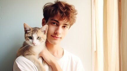 portrait of young guy holding cat,indoor shoot man hugging pet