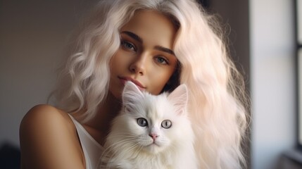 portrait of young woman holding cat,indoor shoot female hugging her pet