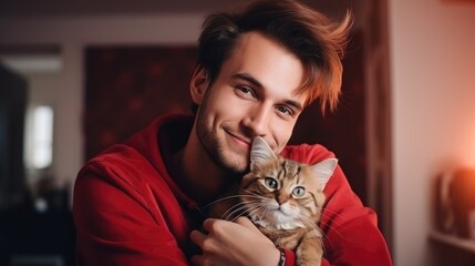 portrait of young guy holding cat,indoor shoot man hugging pet