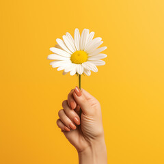 Female hand holding a daisy flower on yellow background, Generative AI