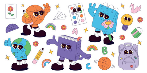 Set of funky retro groovy characters basketball ball, note, book, earth planet, backpack, stickers. Back to school. Children's stationery subjects. Funny study school supplies. Nostalgia 60s, 70s, 80s