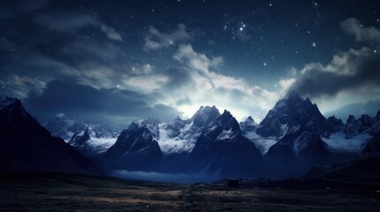  a night scene of a mountain range with the moon in the sky and stars in the sky over the mountains.