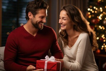 Obraz na płótnie Canvas Joyful Couple Exchanging Gifts by the Christmas Tree 