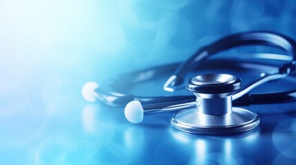  a stethoscope laying on top of a table next to a blue and white background with a blurry image of a stethoscope.