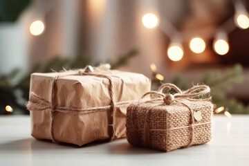 Fototapeta na wymiar Christmas eco friendly sustainable packaging gifts in kraft paper