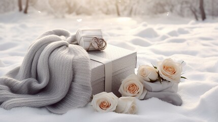 Fototapeta na wymiar A winter-themed Valentine's gift box, white and silver, holding a cashmere scarf, against a snowy landscape.
