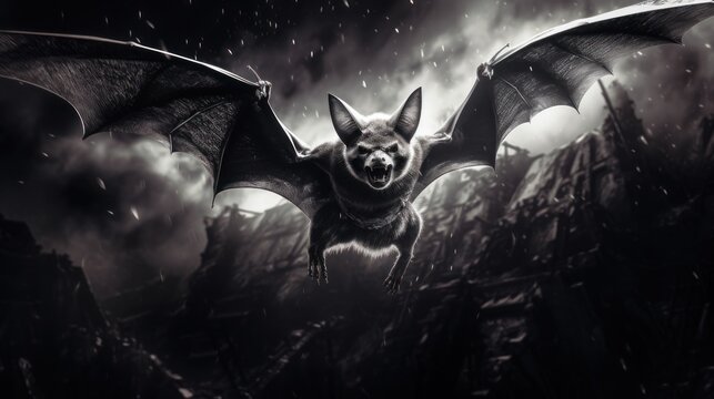  a black and white photo of a bat flying in the air with it's mouth open and it's wings wide open.