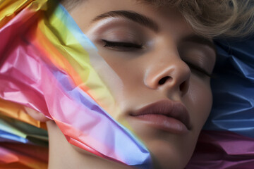 Very beautiful face of a young non binary person with short blond hair and face paint. Portrait of a caucasian LGBT+ supporter with eyes closed on a rainbow background - obrazy, fototapety, plakaty