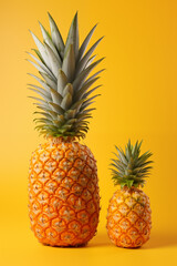 Two pineapples isolated on a yellow background.