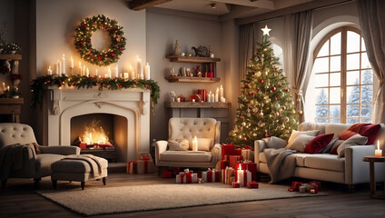 living room decorated with a Christmas tree, stockings, and other Christmas ornaments.