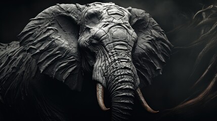  a black and white photo of an elephant with tusks and tusks on it's head.