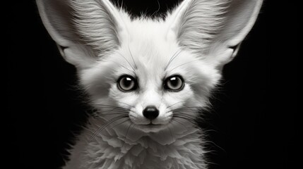  a black and white photo of a small fox looking at the camera with a surprised look on it's face.