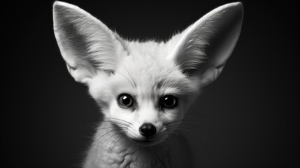 Obraz premium a black and white photo of a small fox looking at the camera with a sad look on its face and ears.