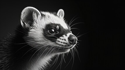 Obraz premium a black and white photo of a ferret looking at the camera with a surprised look on it's face.