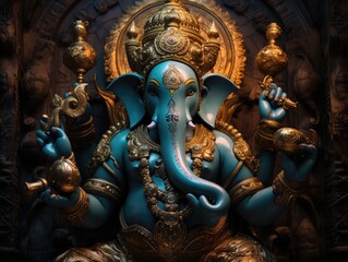 Lord Ganesha hindu god sitting on lotus sit, ganpati god image with dark background - obrazy, fototapety, plakaty