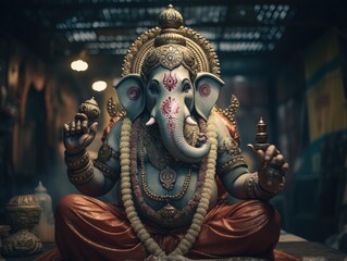 Lord Ganesha hindu god sitting on lotus sit, ganpati god image with dark background