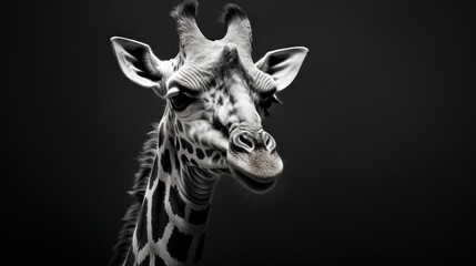  a black and white photo of a giraffe's head with a very long neck and long neck.