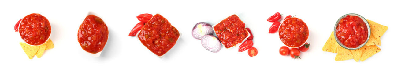 Set of delicious salsa sauce on white background, top view