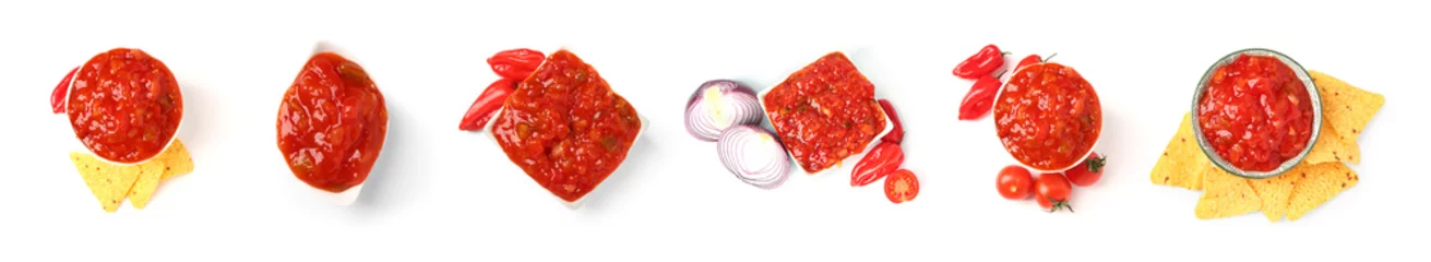 Photo sur Aluminium Piments forts Set of delicious salsa sauce on white background, top view
