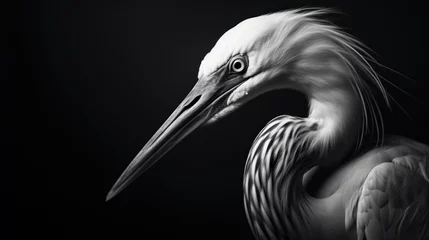 Foto op Plexiglas  a black and white photo of a bird with a long beak and a long bill, with a black background. © Anna