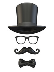 Black mask Cylinder, ribbon bow, glasses and moustache 3D