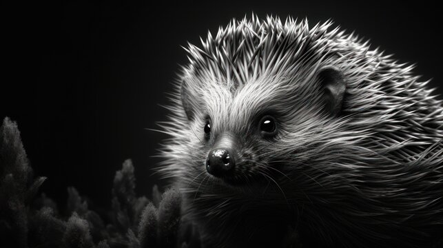  a black and white photo of a hedgehog looking at the camera with an intense look on it's face.