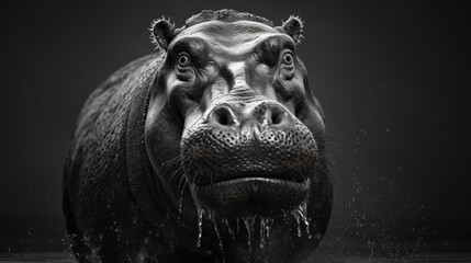  a black and white photo of a hippopotamus with water splashing on it's face and a black background.