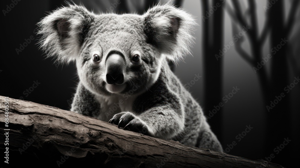 Sticker  a black and white photo of a koala sitting on a tree branch with its mouth open and eyes wide open.