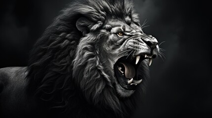  a black and white photo of a lion with it's mouth open and it's mouth wide open. - obrazy, fototapety, plakaty