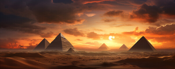 Egyptian pyramids at sunset. ai generative