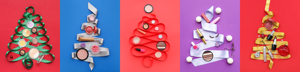 Set of Christmas trees made of makeup cosmetics on color background