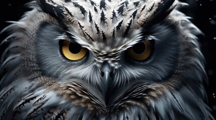  a close up of an owl's face on a black background with snow flakes on its head and yellow eyes.