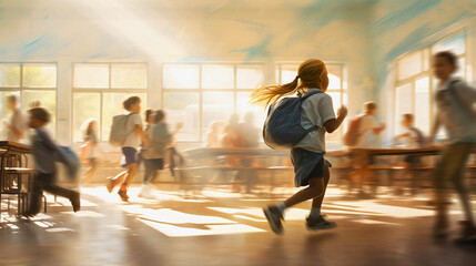 Young elementary school students, kids with backpacks, joyfully running all around the classroom, celebrating the last day of school and the beginning of summer break. Motion blur - obrazy, fototapety, plakaty