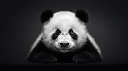 Obraz premium a black and white photo of a panda bear looking at the camera with a sad look on it's face.